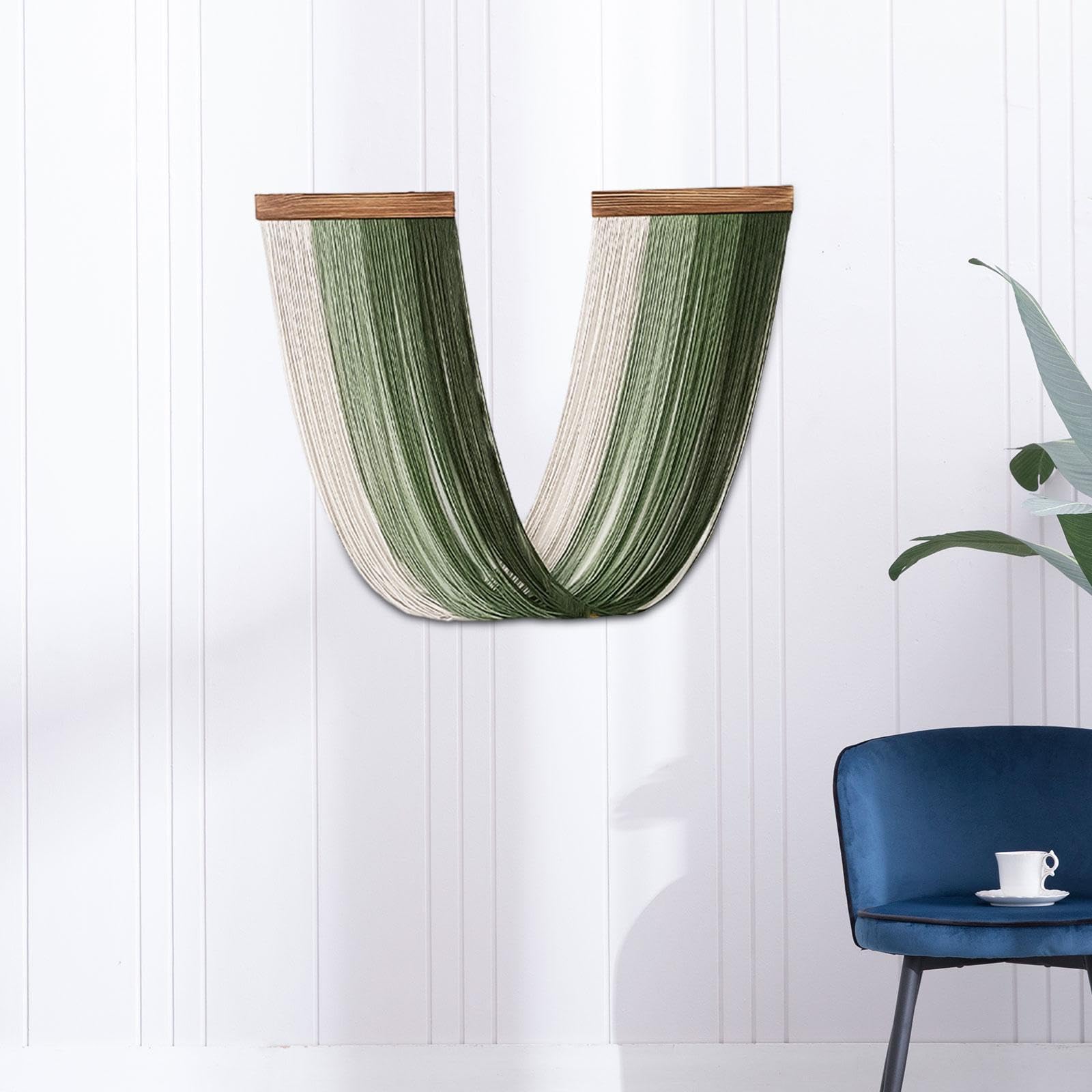 Tapiz Colgante de Macramé Tejido Artesanal Decoración de Pared Bohemia Elegante Diseño Moderno Creativo con Algodón Y Madera Adecuado para Dormitorio, Verde, Individual