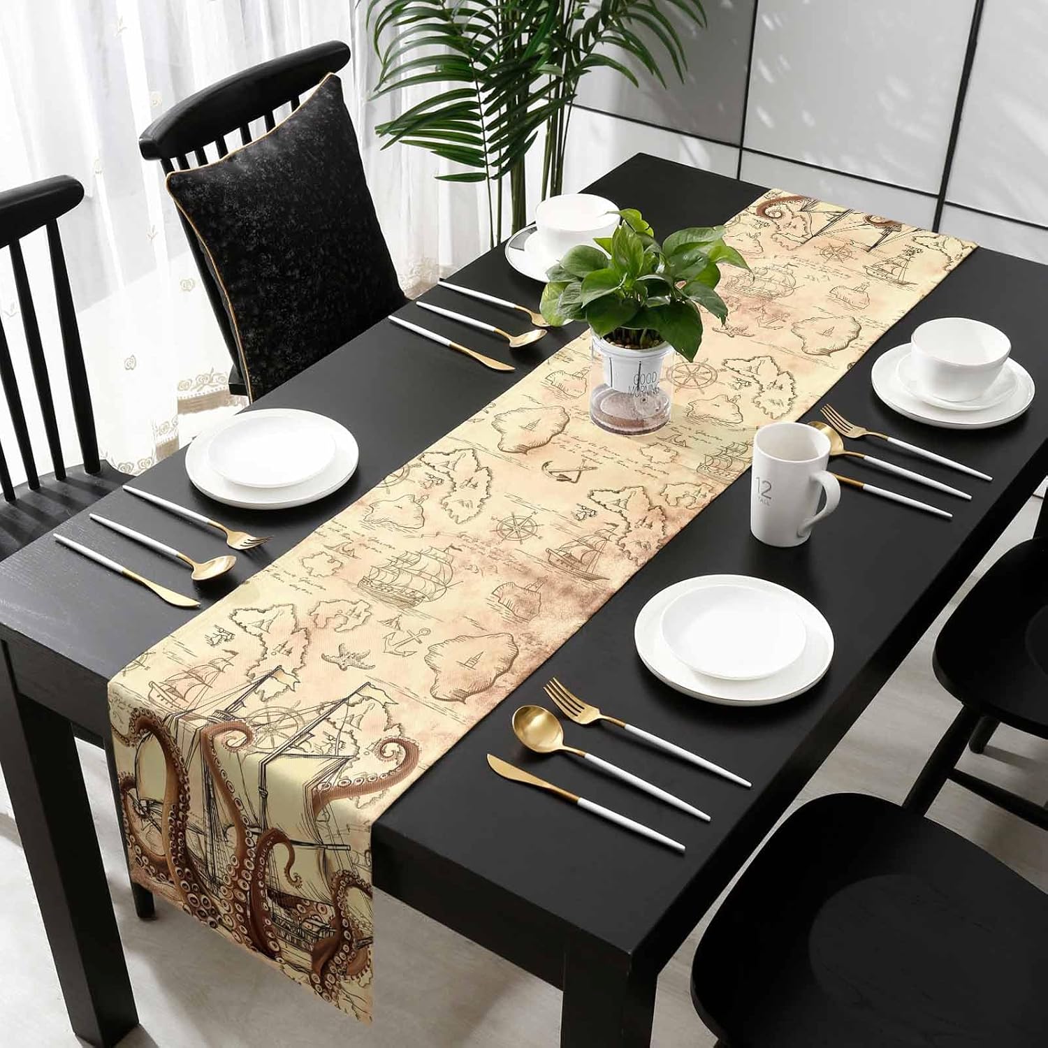 Rustic Pirate Ship Octopus Table Runner 90 Inches Long for Dining Table Decor, Cotton Linen Washable Coffee Table Runners Dresser Scarf for Kitchen Party Holiday Nautical Map Coastal Brown