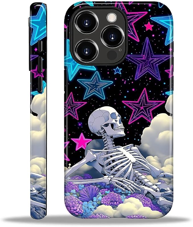 for iPhone 16 Pro Case, Skull Star Collage Pattern Glossy 2 in 1 Shockproof Bumper Drop Protective Case for Girl Women Boy Men