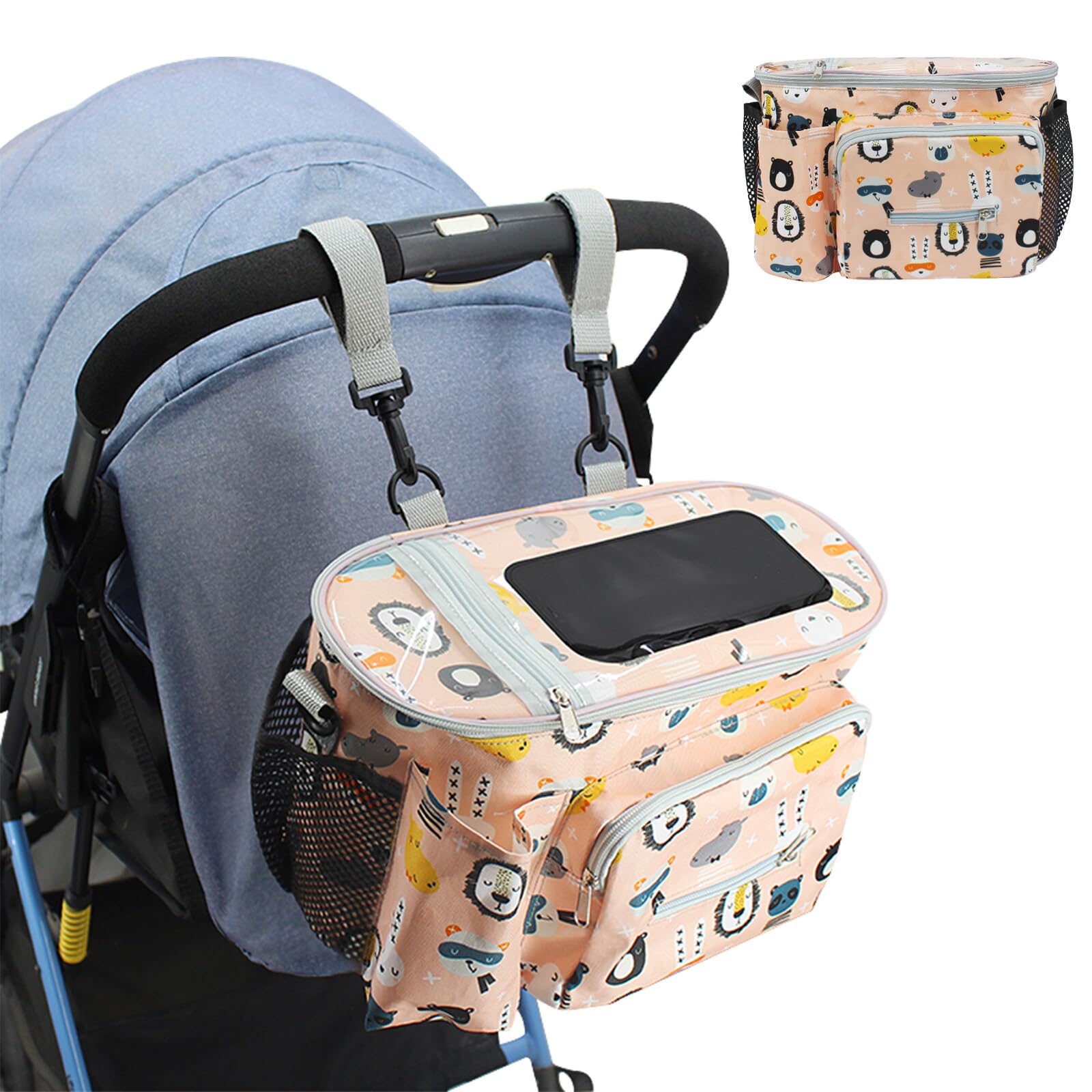 Mecmbj bolso carro bebe, bolsa carro bebe, Bolsa impermeable para cochecito con 2 portavasos, organizador multifuncional cochecito con correas para hombros, 2 ganchos, bolsillo con cremallera (rosa)