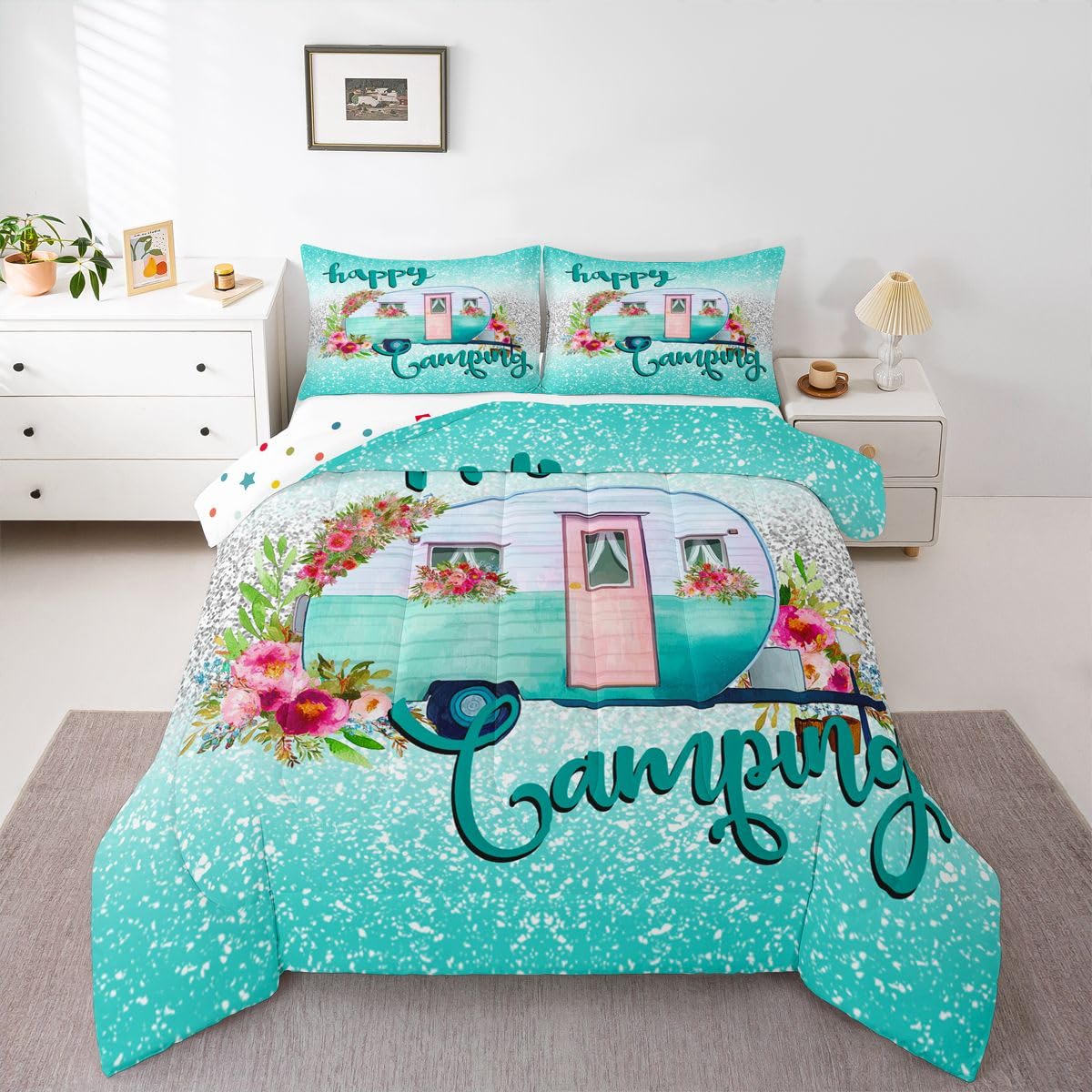 Kids Happy Camping Bedding Set,Camper Car with Flower Comforter Set Twin Size,Space Star Glitter Duvet Sets, Ombre Gradient Soft Quilted Duvet for