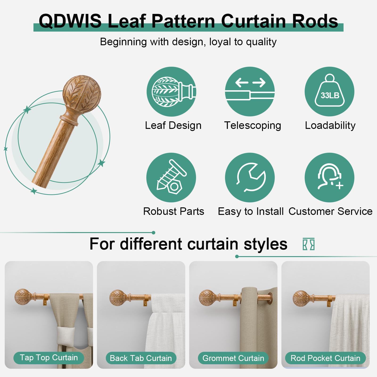 Boho Wood Curtain Rods - Adjustable & Natural -6