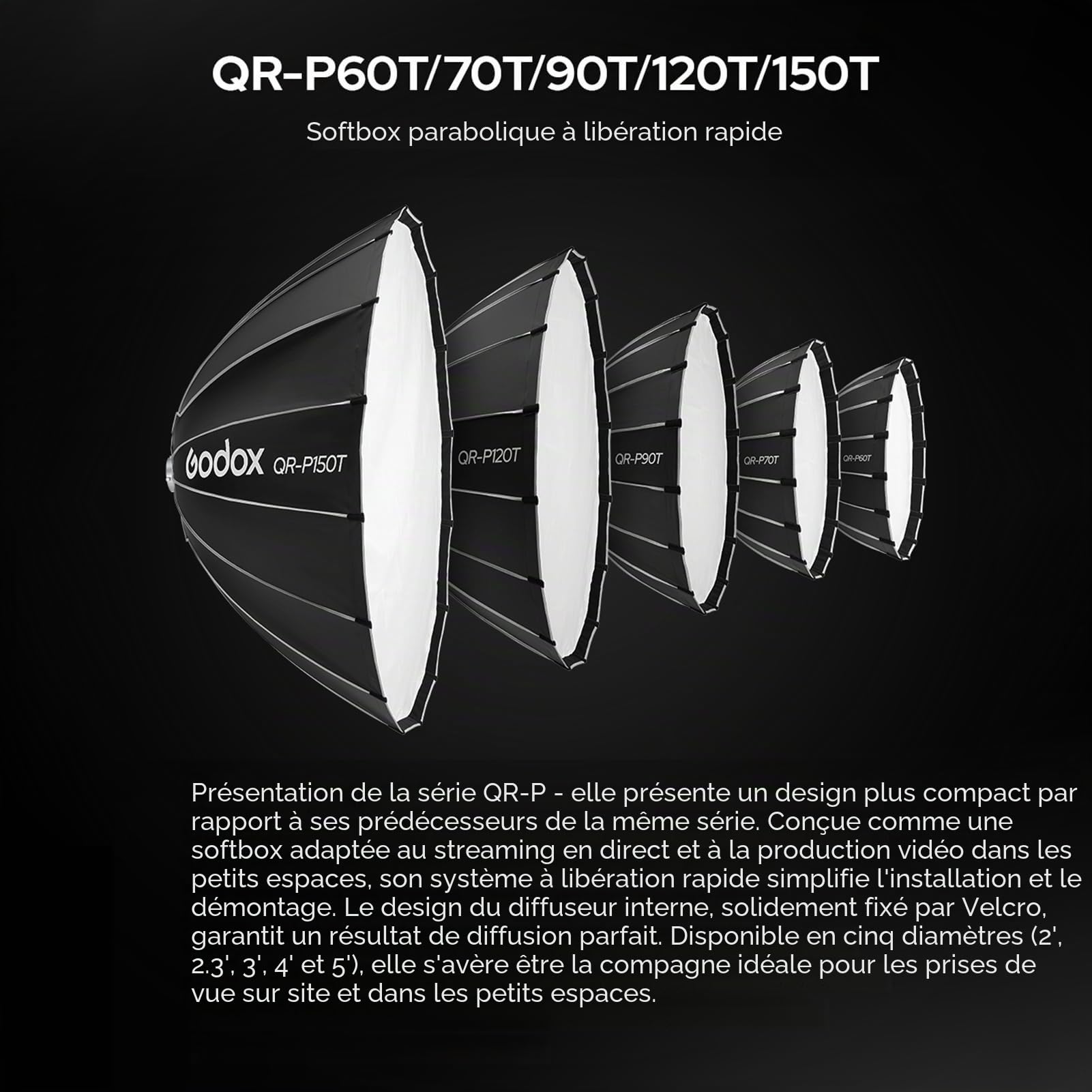 Godox QR-P120T 120 cm/47,2 Pouces Softbox Parabolique à Dégagement Rapide Boîte à Lumière Pliable avec Support Bowen Standard et Diffuseurs pour Studio de Photographie Portrait Diffusion en Direct