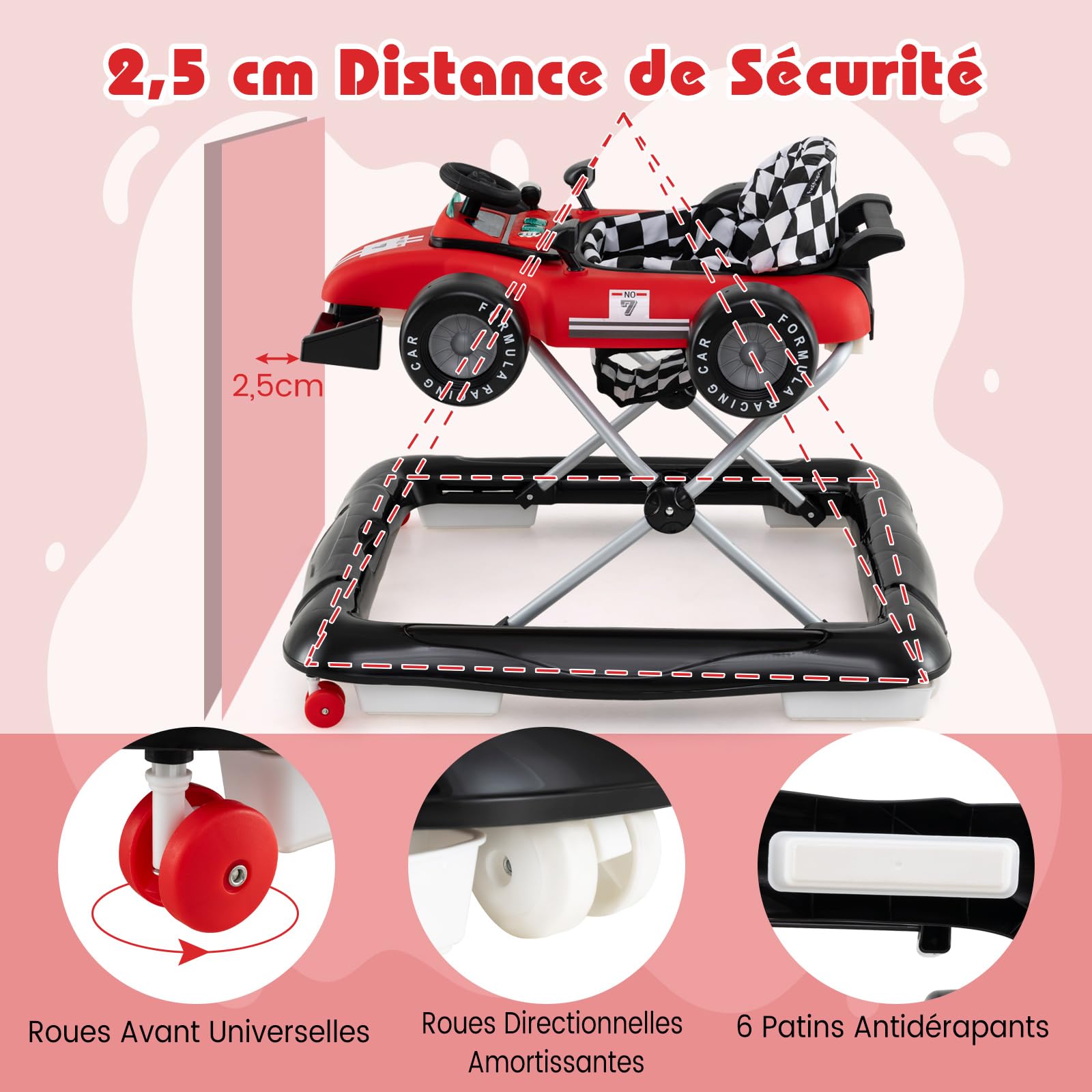 COSTWAY Trotteur Bébé Garçon Fille avec 3 Hauteur Réglable, Trotteur Marche Bébé Pliable Évolutif avec Boîte à Musique Amovible & Volant, Roues Silencieuses, Charge 12kg pour 6-18 Mois