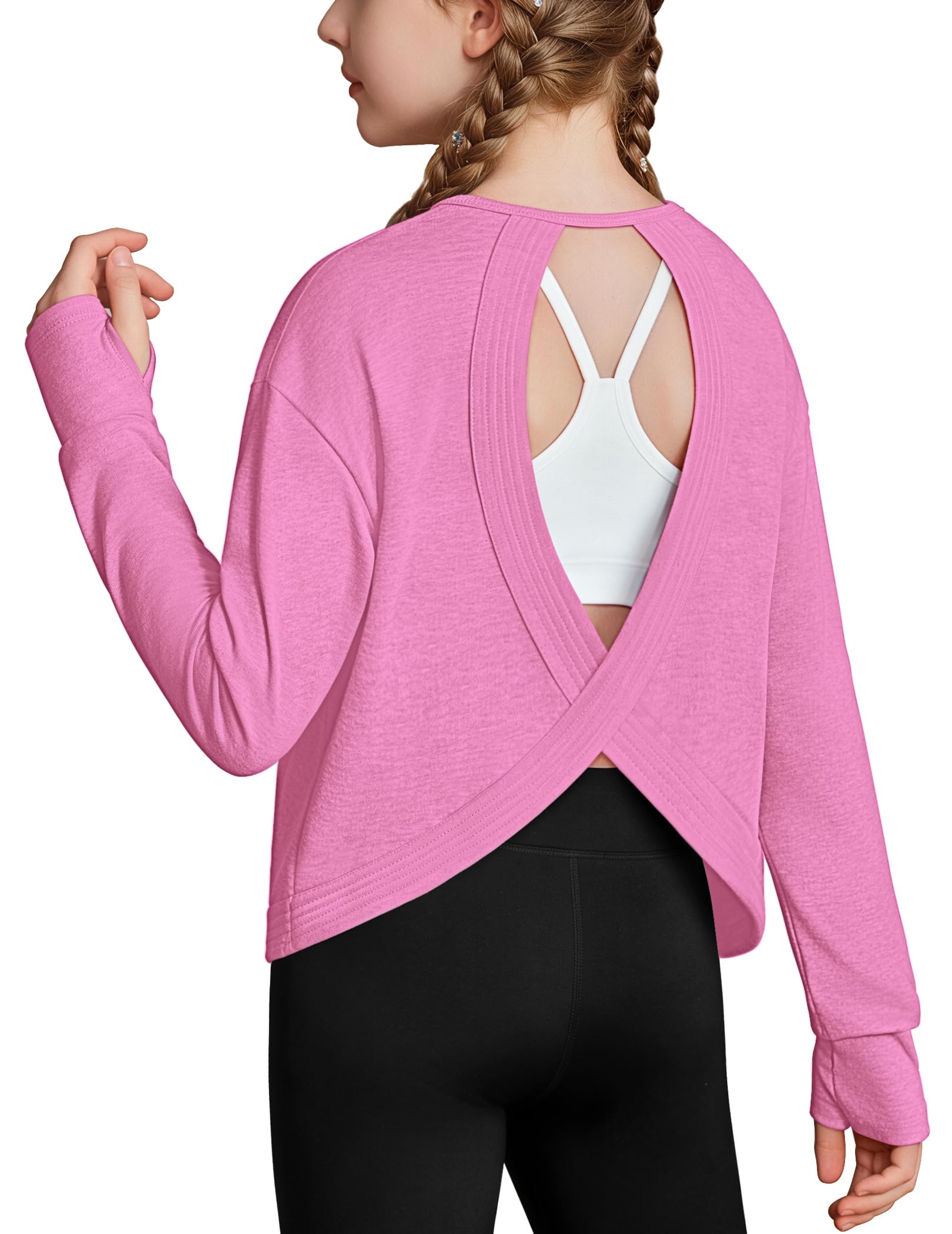 Zaclotre Girls Athletic Long Sleeve Shirts Open Back Crop Tops Workout Tee