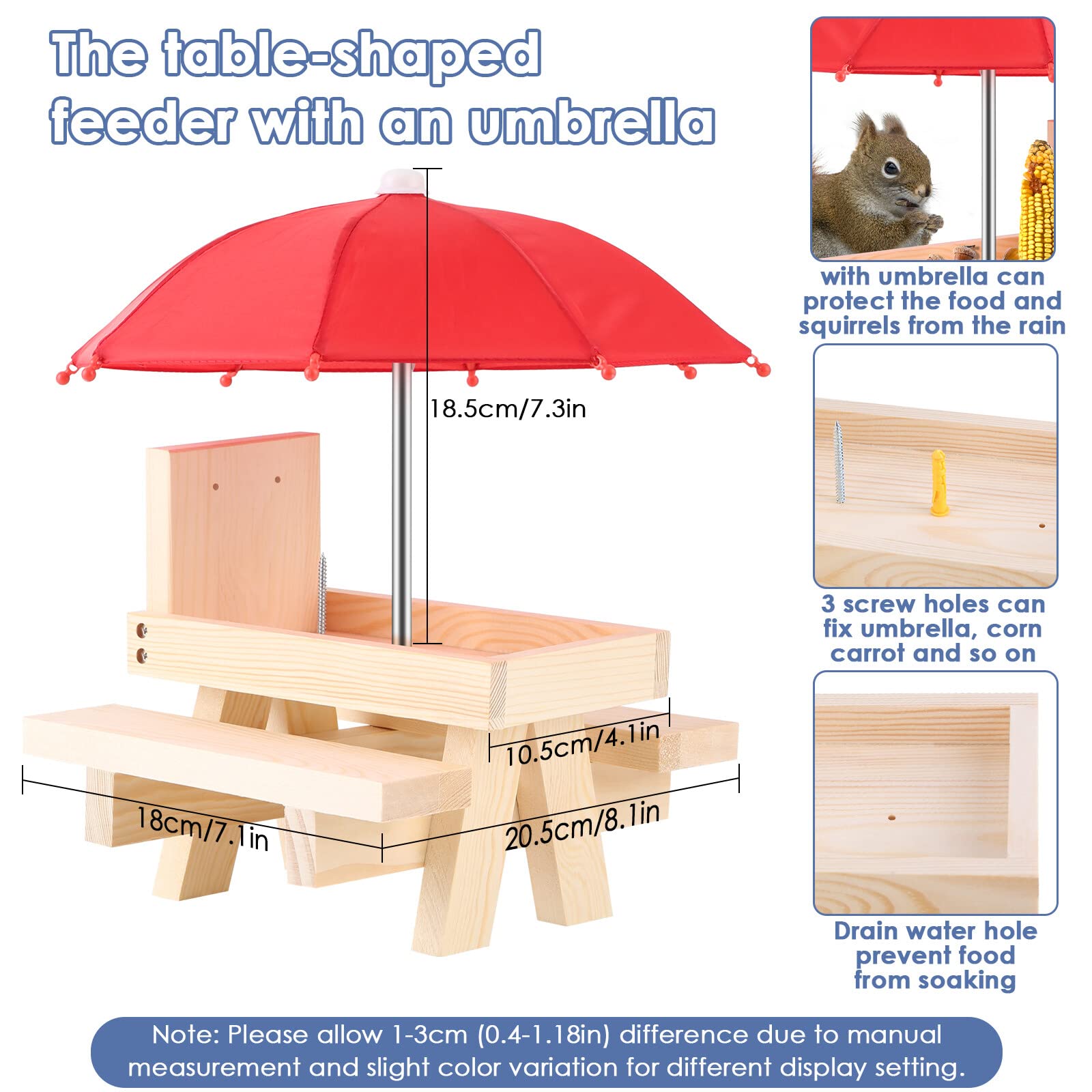 NCONCO Squirrel Feeder, Wooden Picnic Table with Umbrella & Corn Cob Holder, Easy to Fill Peanuts & Nuts, Ideal for Squirrel Lovers - Image 2