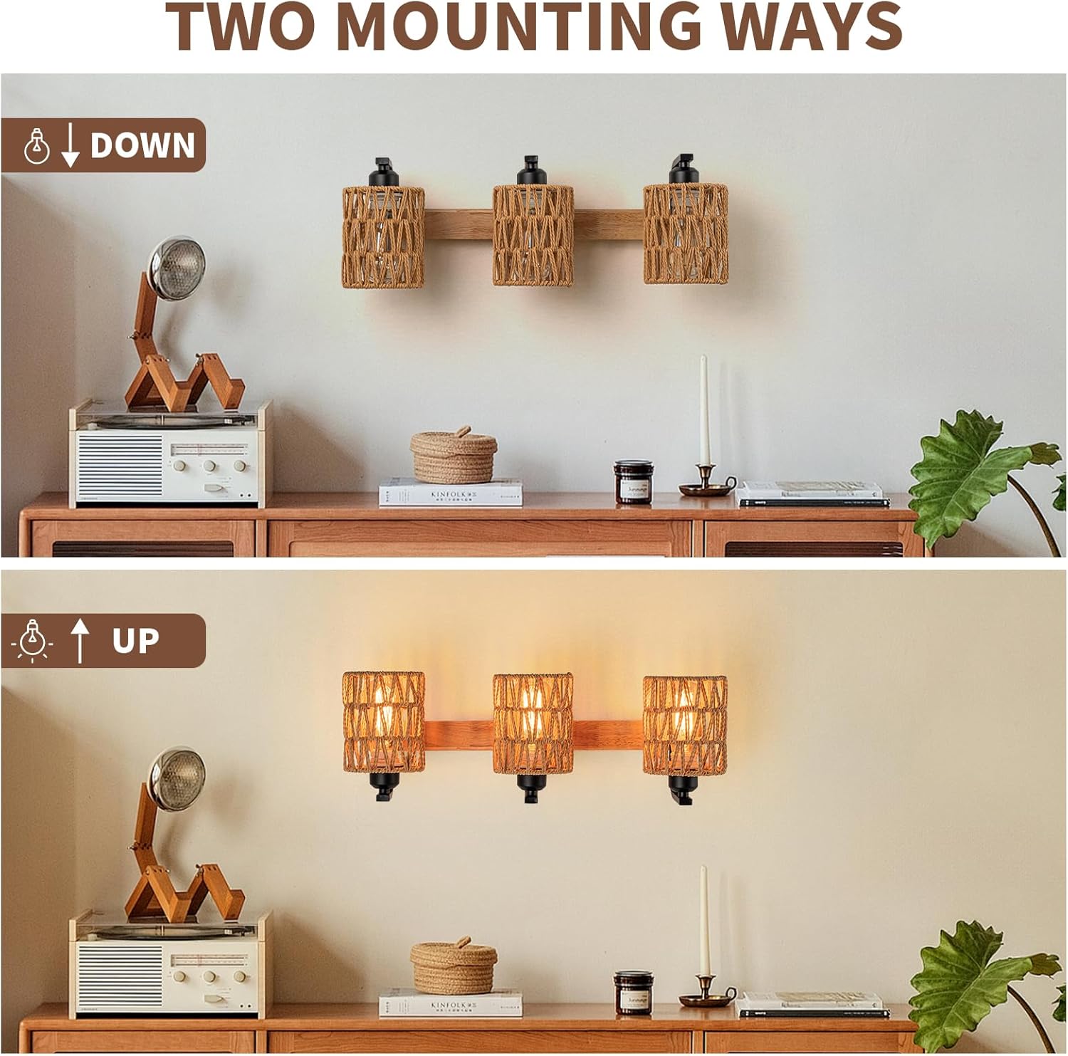 Boho Vanity Light Fixtures,Bathroom Lights Over Mirror,Rustic Rattan Wall Sconce with Woven Cage,3-Light Boho Wall Mounted Light Wooden Farmhouse Vanity Lighting for Bedroom Hallway Living Room Foyer