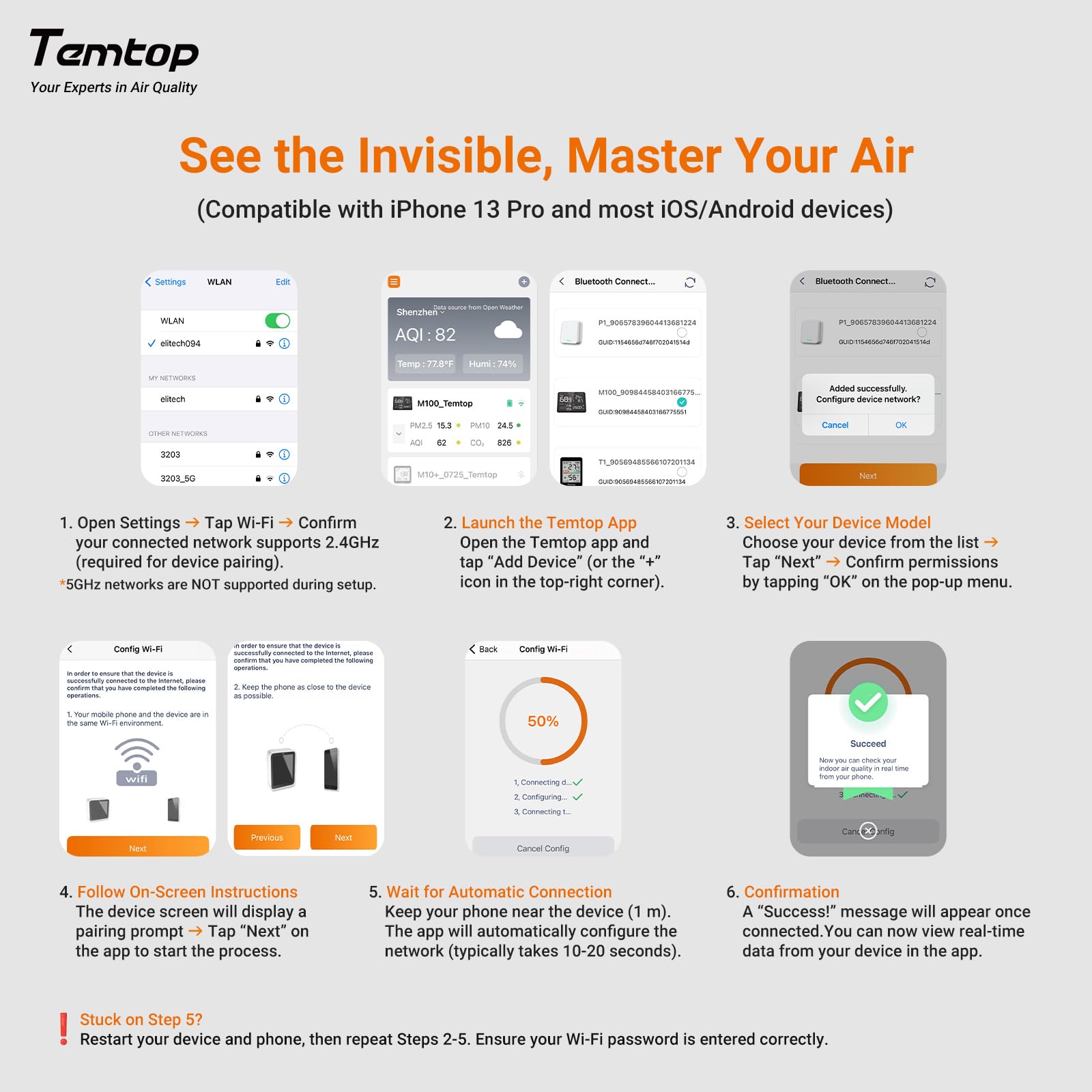 Temtop M100-UP Stacja pomiarowa jakości powietrza, 2.4G WLAN Bluetooth termometr z aplikacją, 8-w-1 urządzenie do pomiaru jakości powietrza (PM2.5/CO2/Temperatura/Wilgotność)