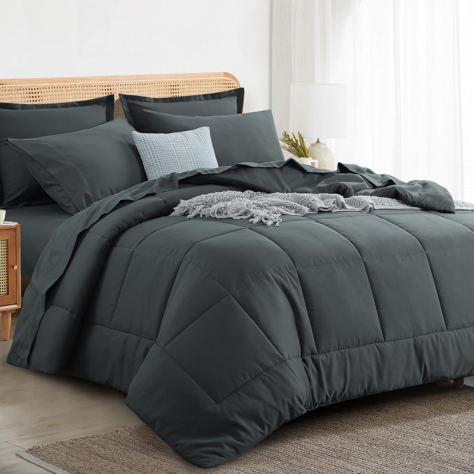 RUIKASIKing Size Comforter Set - 7 Pieces Bed in a Bag Dark Grey All Season King Bedding Set with Comforter, Pillow Shams, Flat Sheet, Fitted Sheet and Pillowcases