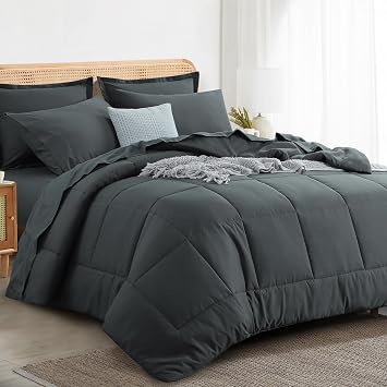 RUIKASI King Size Comforter Set - 7 Pieces Bed in a Bag Dark Grey All Season King Bedding Set with Comforter, Pillow Shams, Flat Sheet, Fitted Sheet and Pillowcases