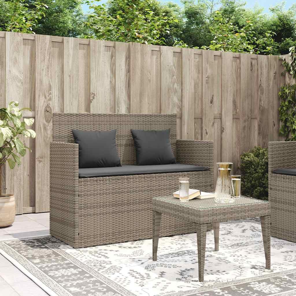 Panca da giardino con cuscino, in polyrattan grigio, panca con vano portaoggetti e borsa impermeabile, seduta imbottita con rivestimento rimovibile, coperchio sicuro con molla a gas per