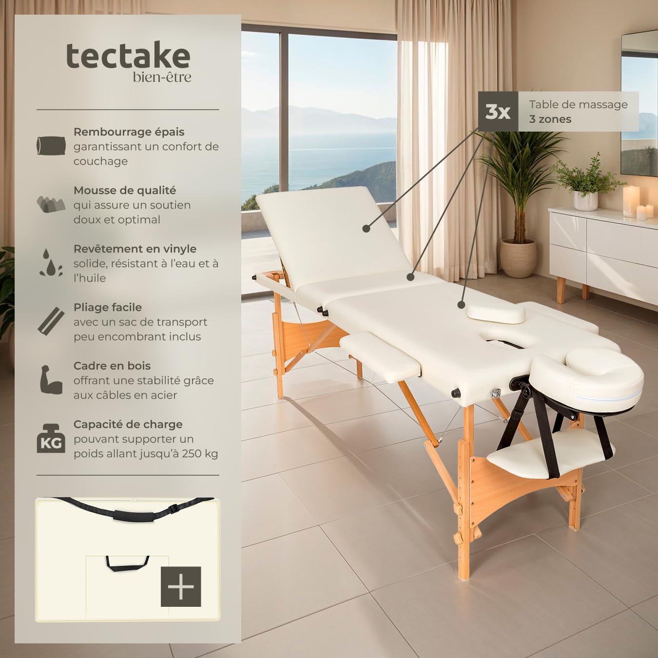 tectake® Table de Massage Pliante Professionnelle 3 Zones Massage et Relaxation Bois Table Esthetique Professionnel Cosmetique Lit de Massage Portable Repose Bras & Housse de Transport - Beige