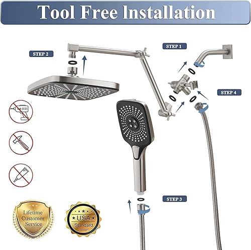 Miniatura 2 de Cabezal de ducha de lluvia con combo de rociador de mano, cabezales de ducha de lluvia de 12 pulgadas con brazo de extensión ajustable, cabezal de