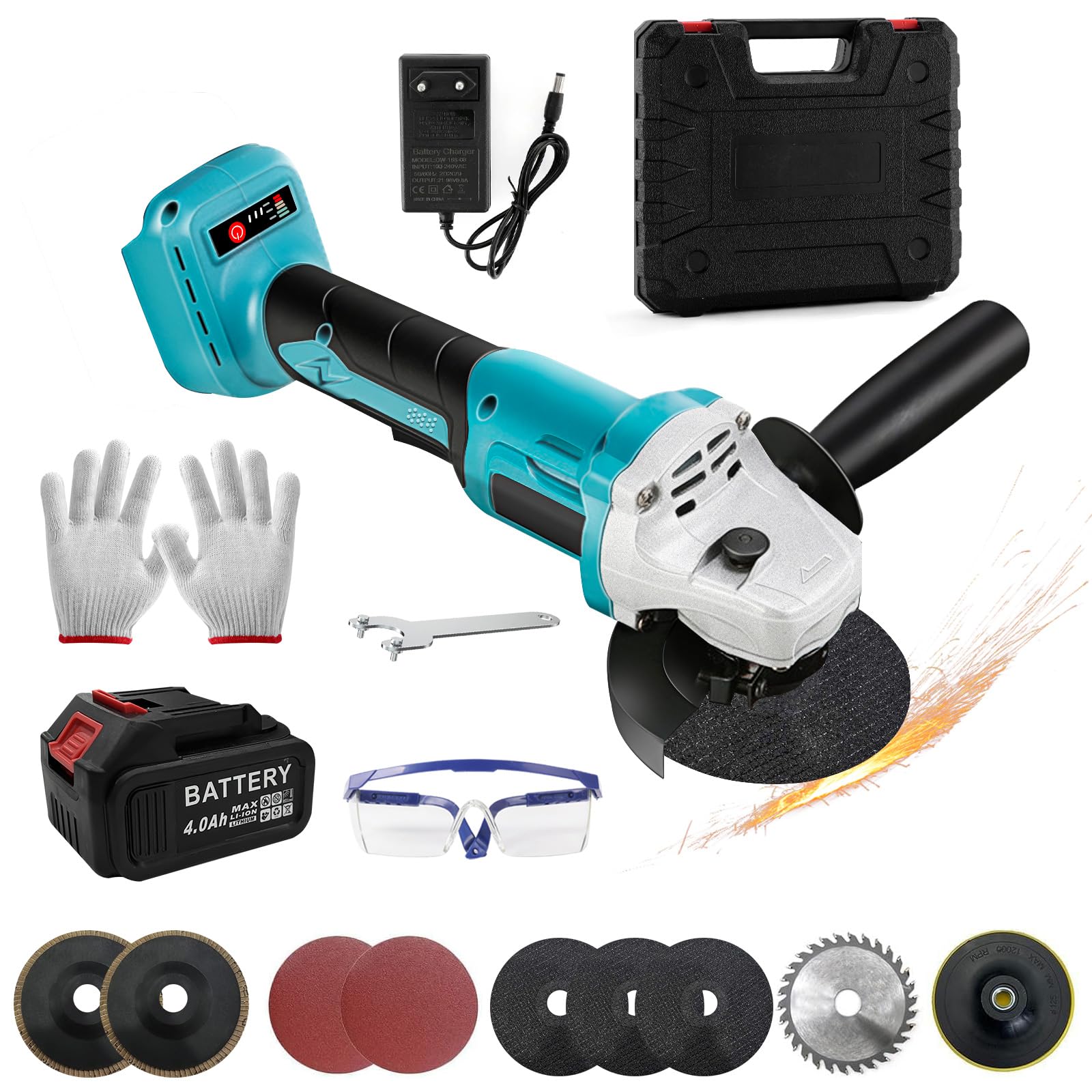 Akku Winkelschleifer Kompatibel mit Makita 18V, 125mm Kabelloser Akku Schleifer Bürstenloser Winkelschleifer mit 1x4000mAh Batterie, Schleifscheiben, Scheibenschutz