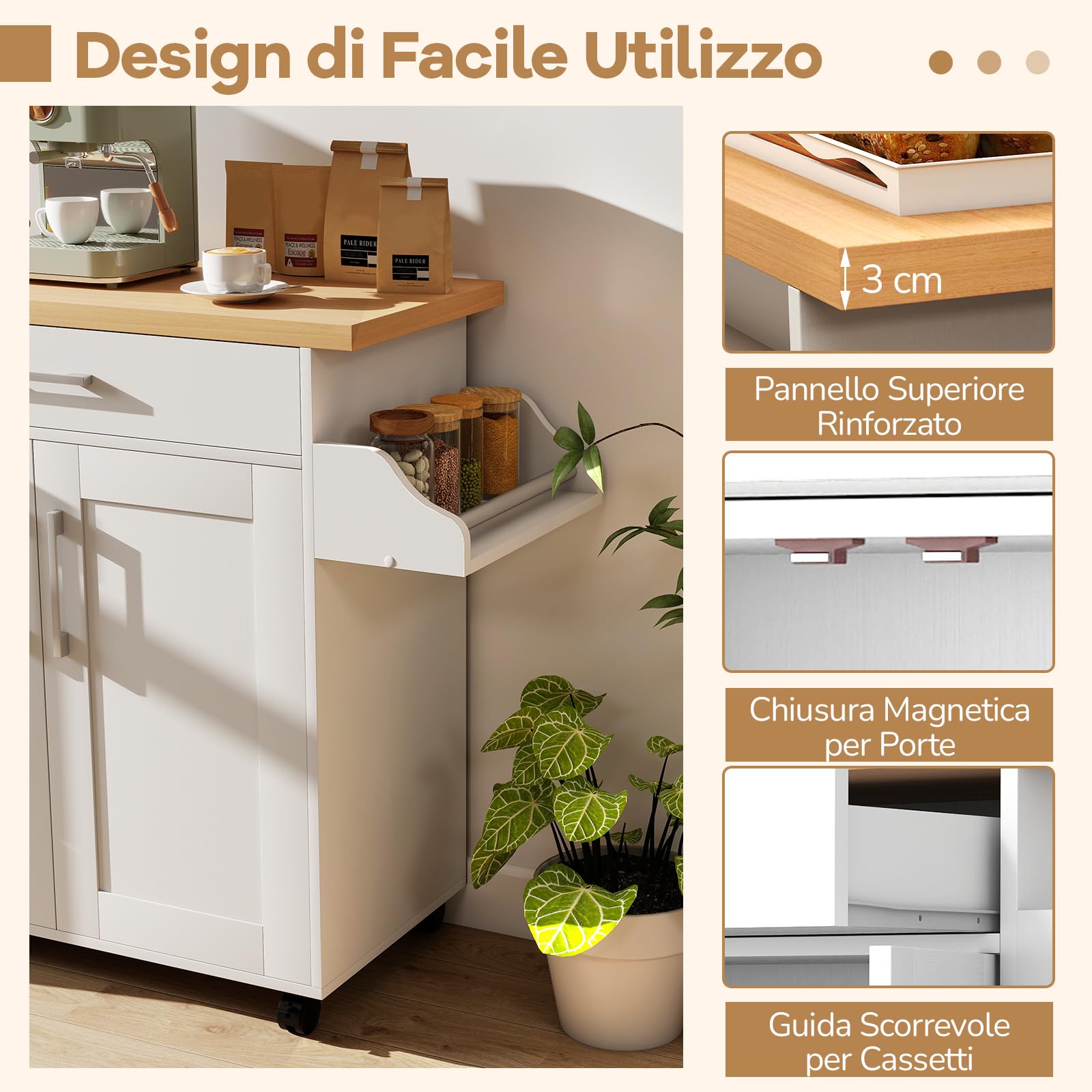 COSTWAY Carrello da Cucina, Credenza Salvaspazio con Cassetto, Ripiano Regolabile, Portaspezie, Portasciugamani e Ruote, Mobile da Cucina per Sala da Pranzo e Soggiorno, 111 × 40 × 90 cm (Bianco)