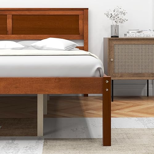 Miniatura 8 de Giantex Cama de plataforma de madera Queen con cabecero, marco de cama de madera maciza de mediados de siglo con soporte de listones de madera, base
