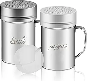 Stainless Steel Salt and Pepper Shakers Set, 14 OZ Seasoning Spice Shaker with Lid and Handle 127 Holes, Metal Dredge Shaker for Powder Sugar Cooking Kitchen Baking (2 Pieces)