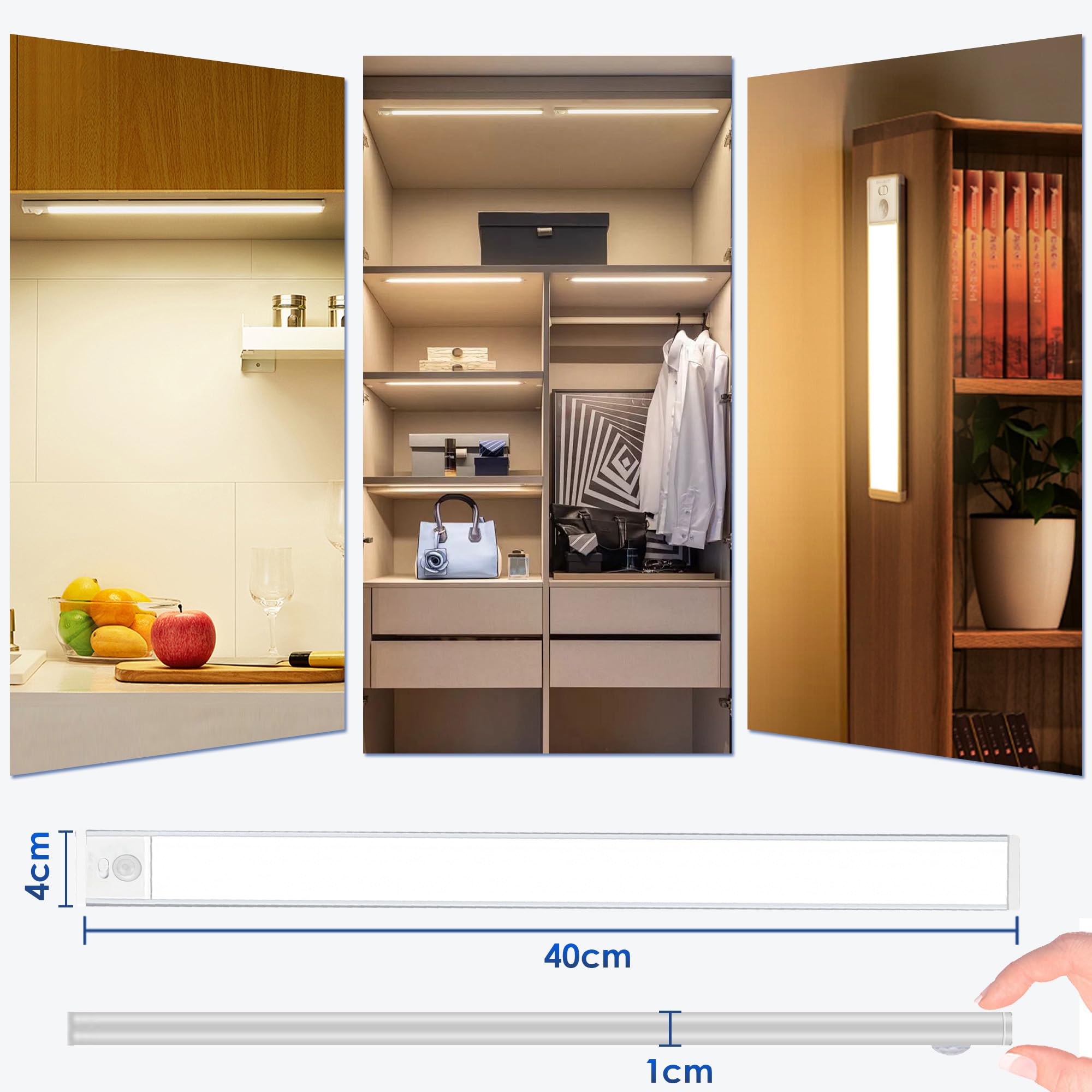 3PZ 40cm Luce Notturna Sensore Movimento 3 Modalità, Barra LED Ricaricabile USB 2200 mAh, 3 Colori Dimmerabile, Luce Magnetica Senza Fili per Cucina, Armadio, Bagno