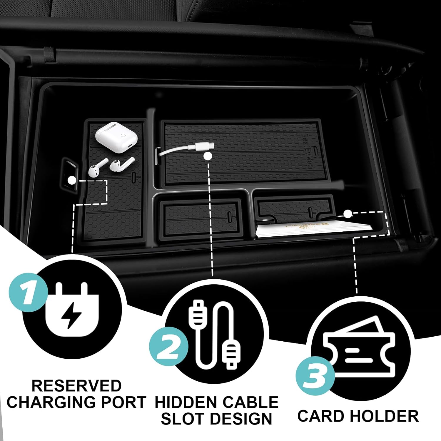 BestEvMod Center Console Organizer Compatible with Hyundai Ioniq 9 2026+ Interior Accessories Armrest Tray Storage Box ABS Material with PVC Trim