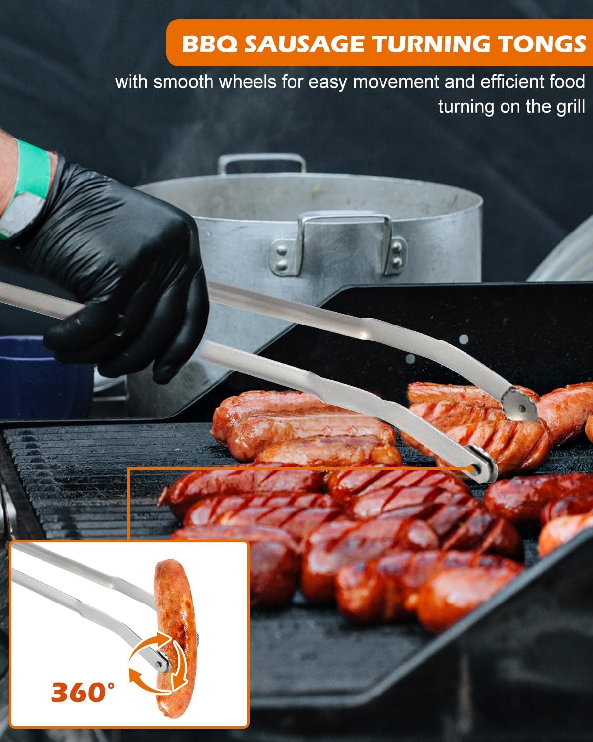 Pince à Barbecue avec molette Longue pour saucisses - Viande - BBQ Sausage Turning Tongs for Cooking - Pince rotative à Saucisse - Pince à Griller en métal - Pince de Cuisine en Acier