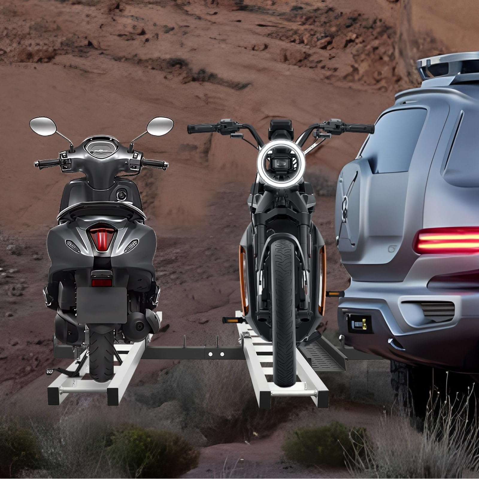 Support D'attelage De Moto En Aluminium De 600 LBS, Support De Vélo Toutterrain Robuste Monté Sur Attelage Avec Rampe De Chargement Et Dispositif De Verrouillage, Support Arrière De Moto For 2 Vélos F