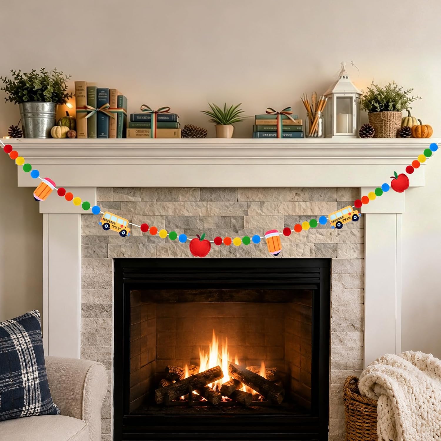 Back to School Felt Ball Garland – Colorful Pom Pom Classroom Banner with School Bus, Apple and Pencil Decorations for Classroom Wall, Bulletin Board and First Day of School Party Supplies