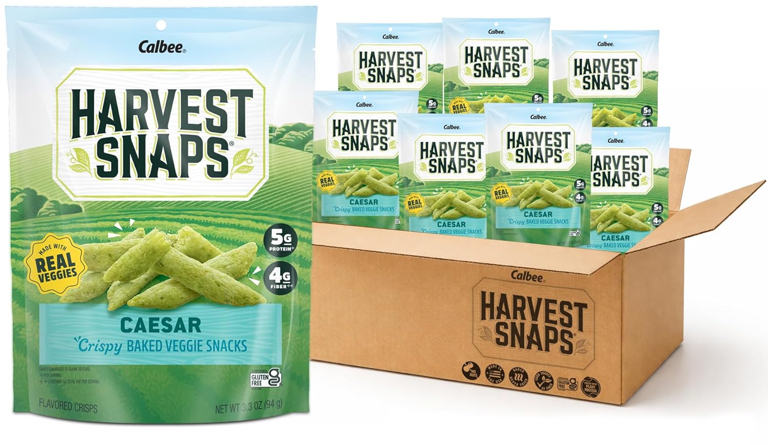 Harvest Snaps Veggie Chips (Caesar Snack Crisps) | Powered by Plant Protein, Gluten Free Baked Vegetable Crisps | Made in USA (8 Snack Packs)