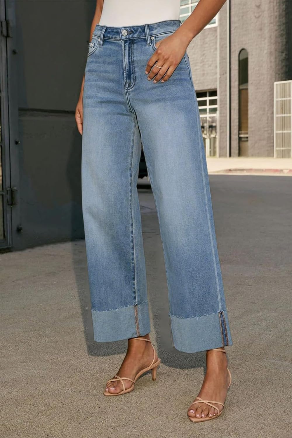 Lesore Womens High Waist Wash Denim Wide Leg Straight Leg Jeans Pants with Cuffed Hem - Image 2