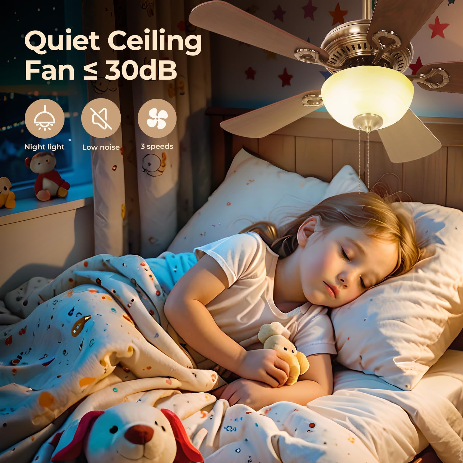 42 Inch Low Profile Ceiling Fan with Light, 3-Speed Reversible Motor, Pull Chain Control, Dual-Finish Blades - Modern Quiet Indoor Outdoor Flush Mount Fans for Bedroom, Kitchen, Porch, Covered Patio