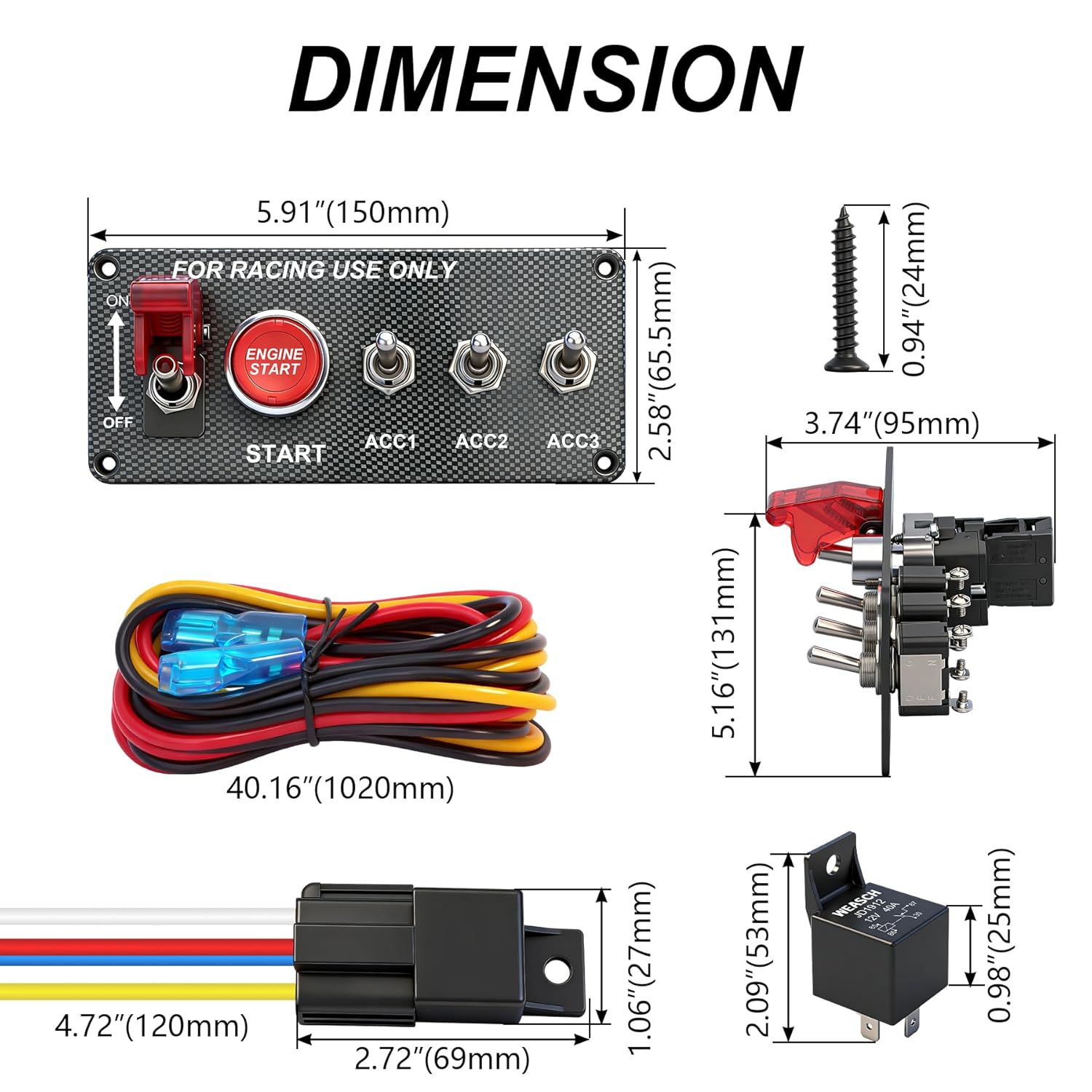 12V Carbon Ignition Switch Panel, 5 in 1 with Engine Push Button Toggle Switches, with 12AWG Relay Kit for RV Truck Racing Car Boat Marine Trailer