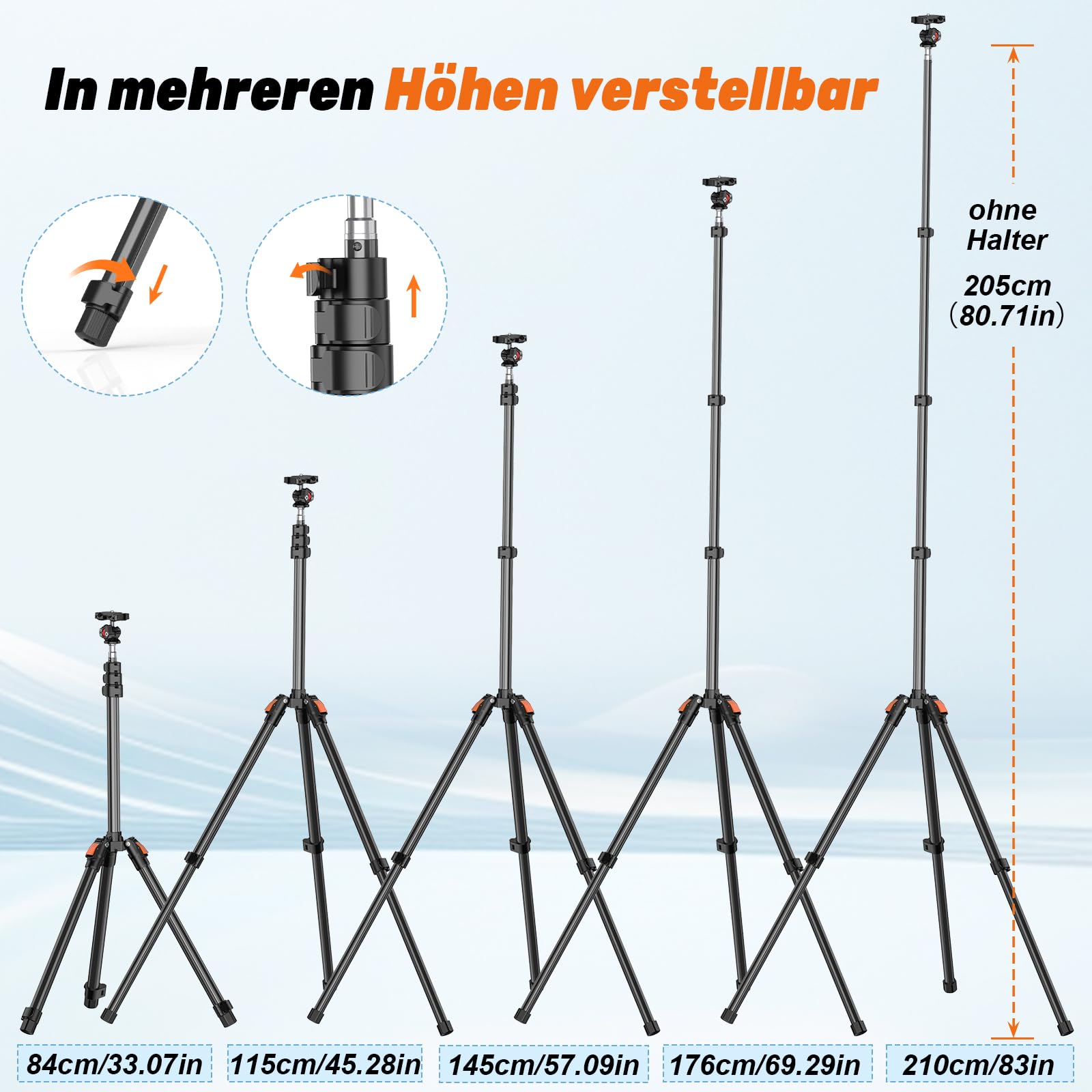 Lichtstativ mit Kugelkopf 210cm/83in Umkehrbares Tragbares Studio-Beleuchtungsstativ mit Tasche