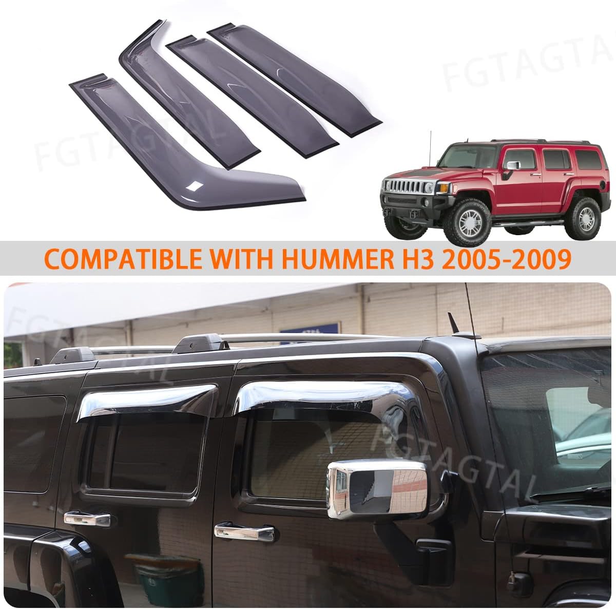 Side Window Deflectors Rain Guards Compatible with Hummer H3 2005-2009, ABS Outside Mount Rain Guards, Rain Guards for Car Windows, 4PCS