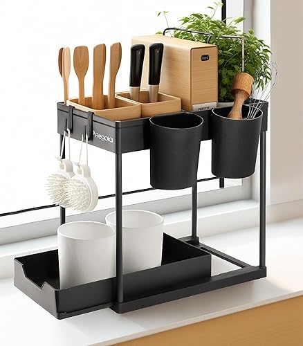 Miniatura 4 de Organizador y almacenamiento debajo del fregadero, paquete de 2 con 1 soporte de esponja para fregadero de cocina, organizadores de baño deslizantes