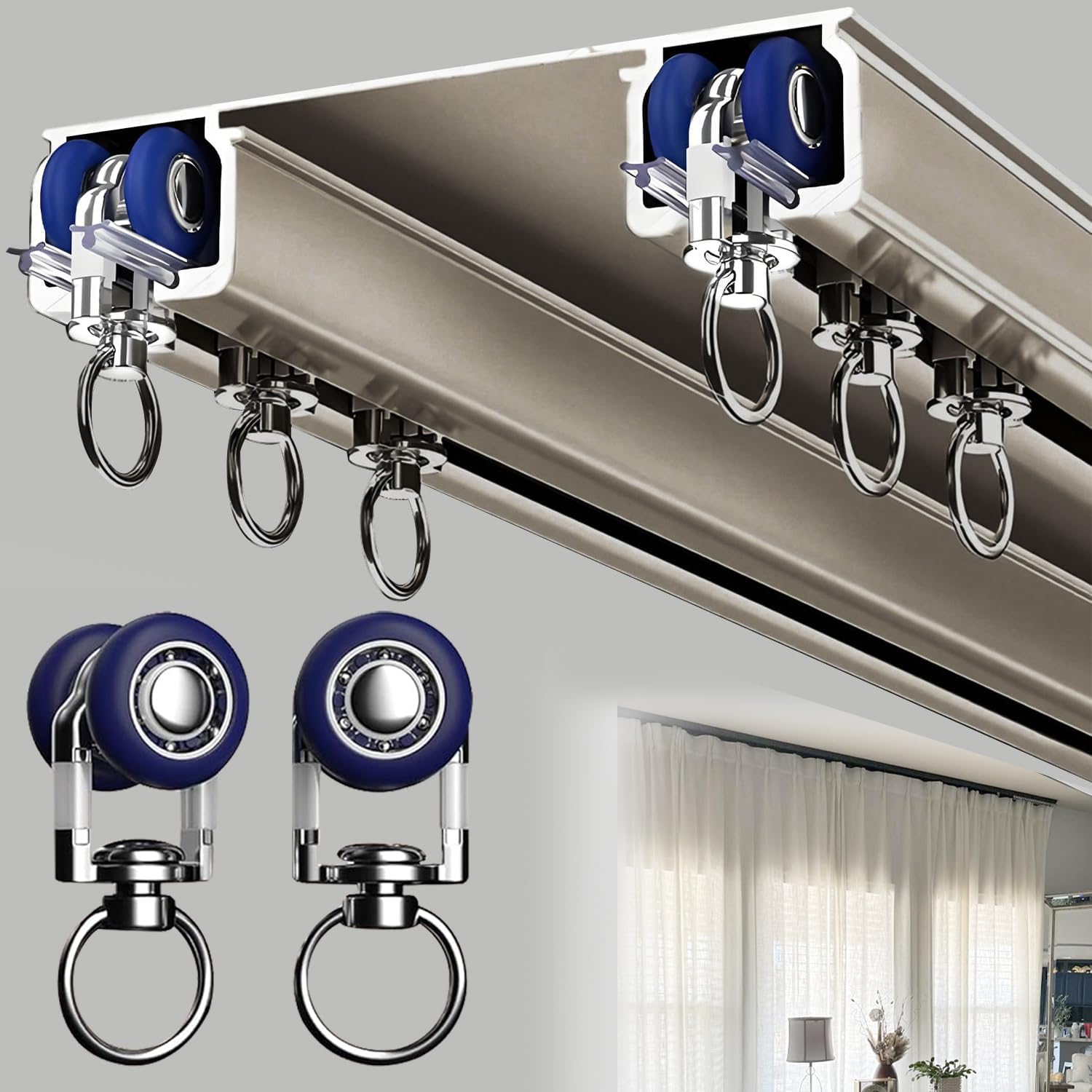 Heavy Duty Double Curtain Track System, 5.3m (17.4ft) Aluminum Ceiling-Mounted Rails, Silent Sliding Drapes for Living Room & Bedroom, Champagne Finish