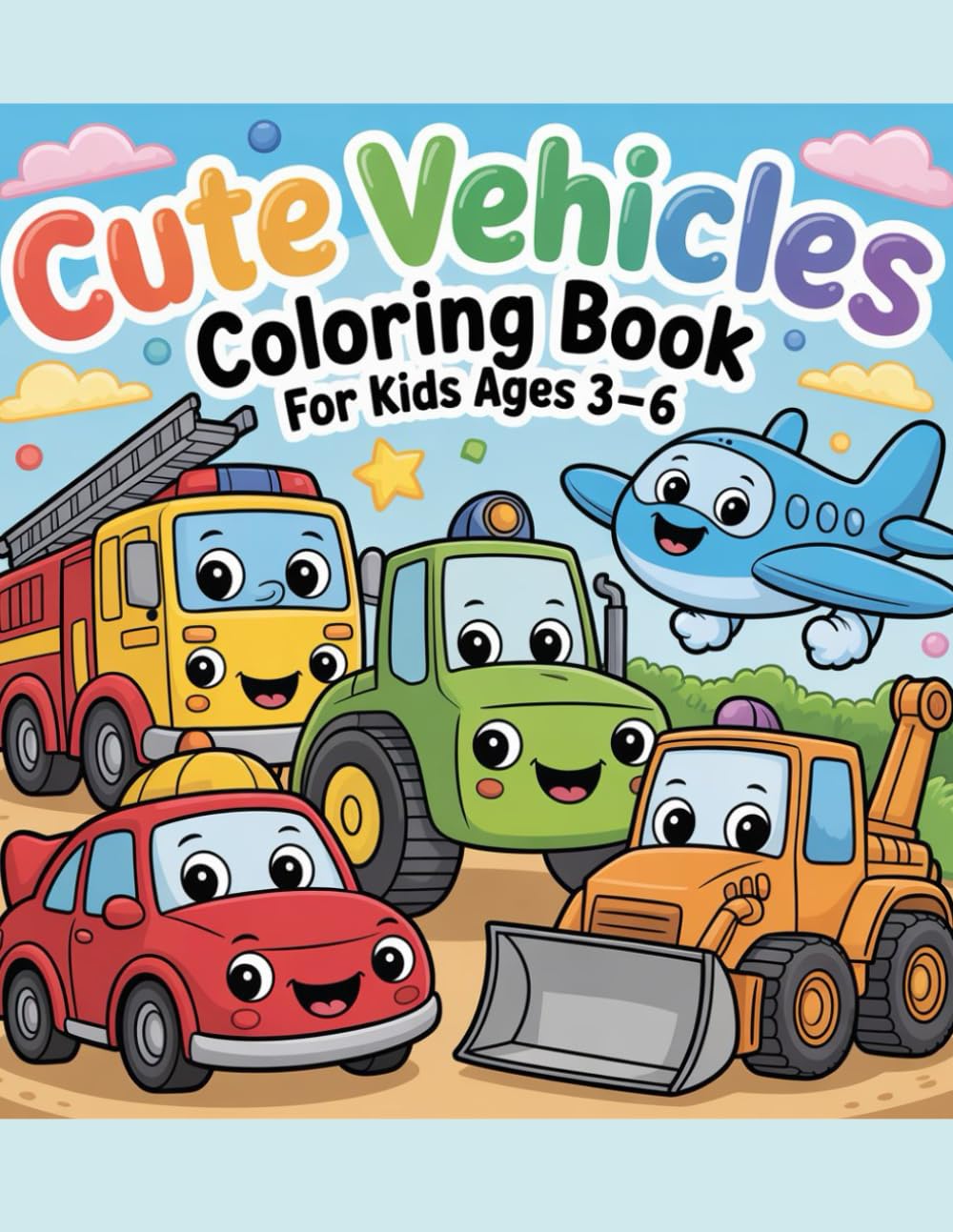 Cute Vehicles Coloring Book for Kids Ages 3–6: Big, Simple and Fun Cars, Trucks, Tractors and Construction Vehicles/Large Print Vehicle Coloring Book ... Bold Outlines/Vehicle Coloring Pages for kids