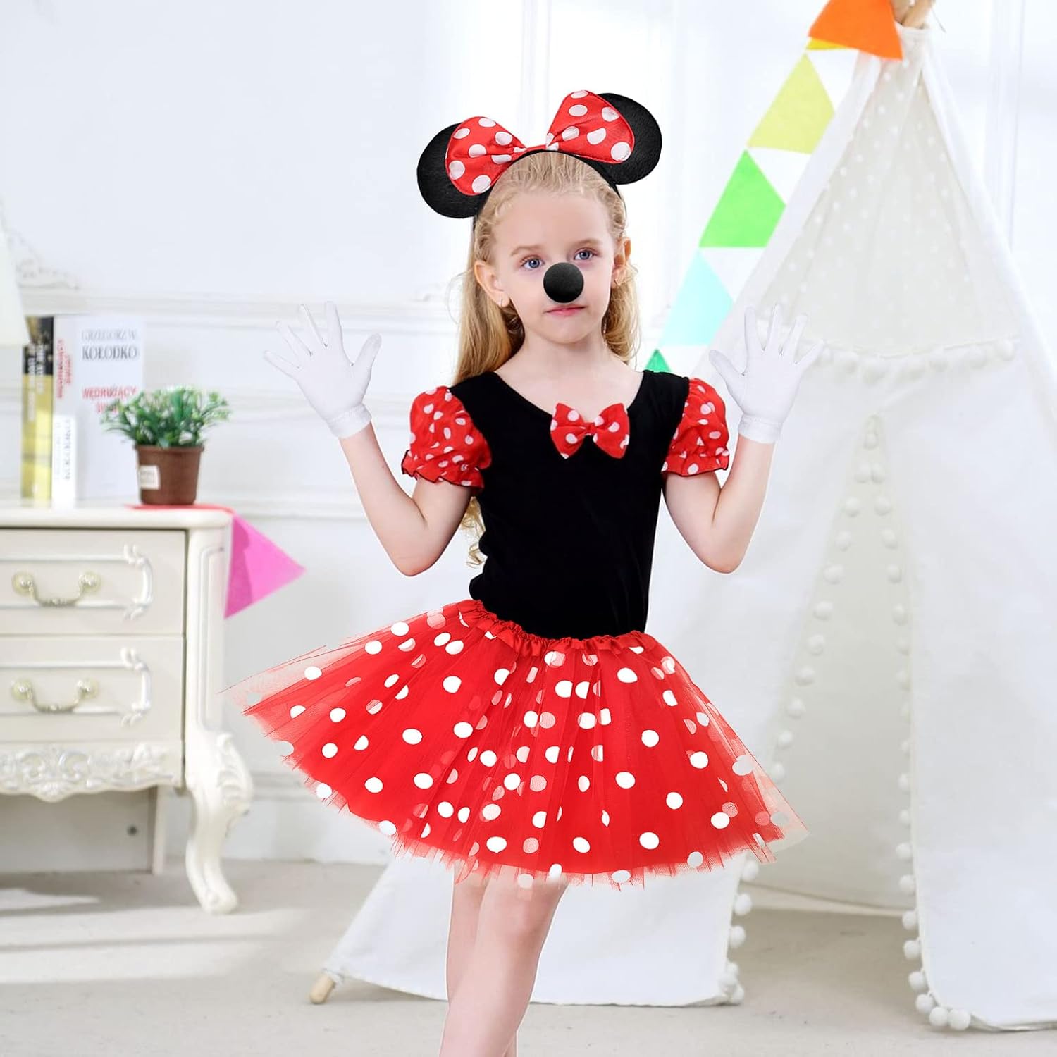 Humairc Mouse Costume Kit incl. Red Tutu Skirt 4 Layers, Mouse Ear Headband, 2 White Gloves, 1 Black Nose - Cosplay Costumes for Girls Fancy Dress for Women