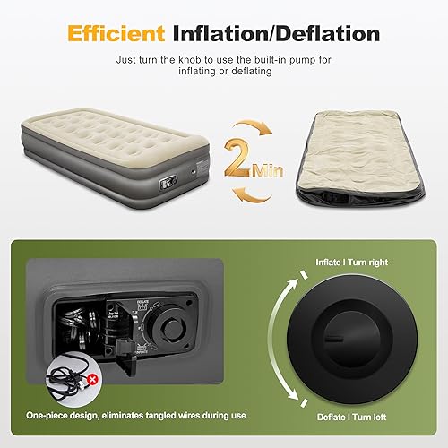 Miniatura 5 de ALPHA CAMP Colchón de aire individual de 19 pulgadas con bomba y almohada integradas, colchón inflable en 2 minutos autoinfladodesinflado con parte