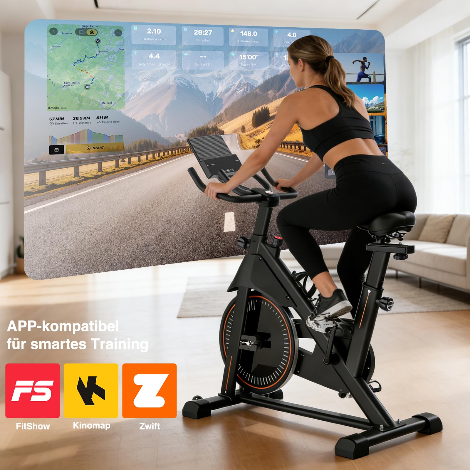 DH FitLife Heimtrainer Fahrrad Ergometer mit Pulssensor, App & LED-Display | Leiser Magnetwiderstand｜Notbremse｜Mehrgriff-Lenker｜150–195 cm｜Stahlrahmen｜Transportrollen｜Spinning Bike Indoor & Hometrainer