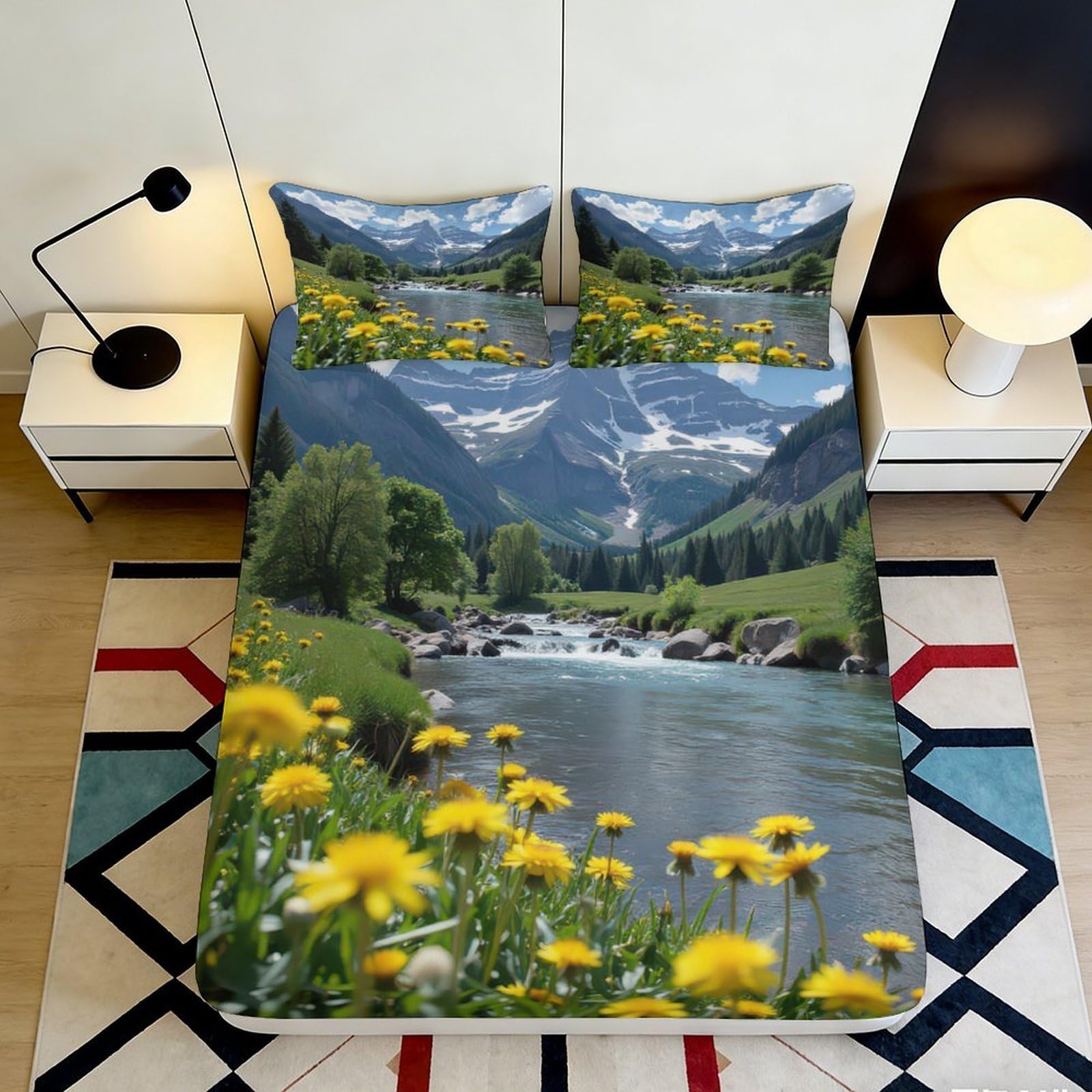 3D Printed Alpine Meadow Fitted Sheet Microfiber Scenic River Bed Cover for Bedroom Guest Room Dustproof Decoration 90x200x25cm