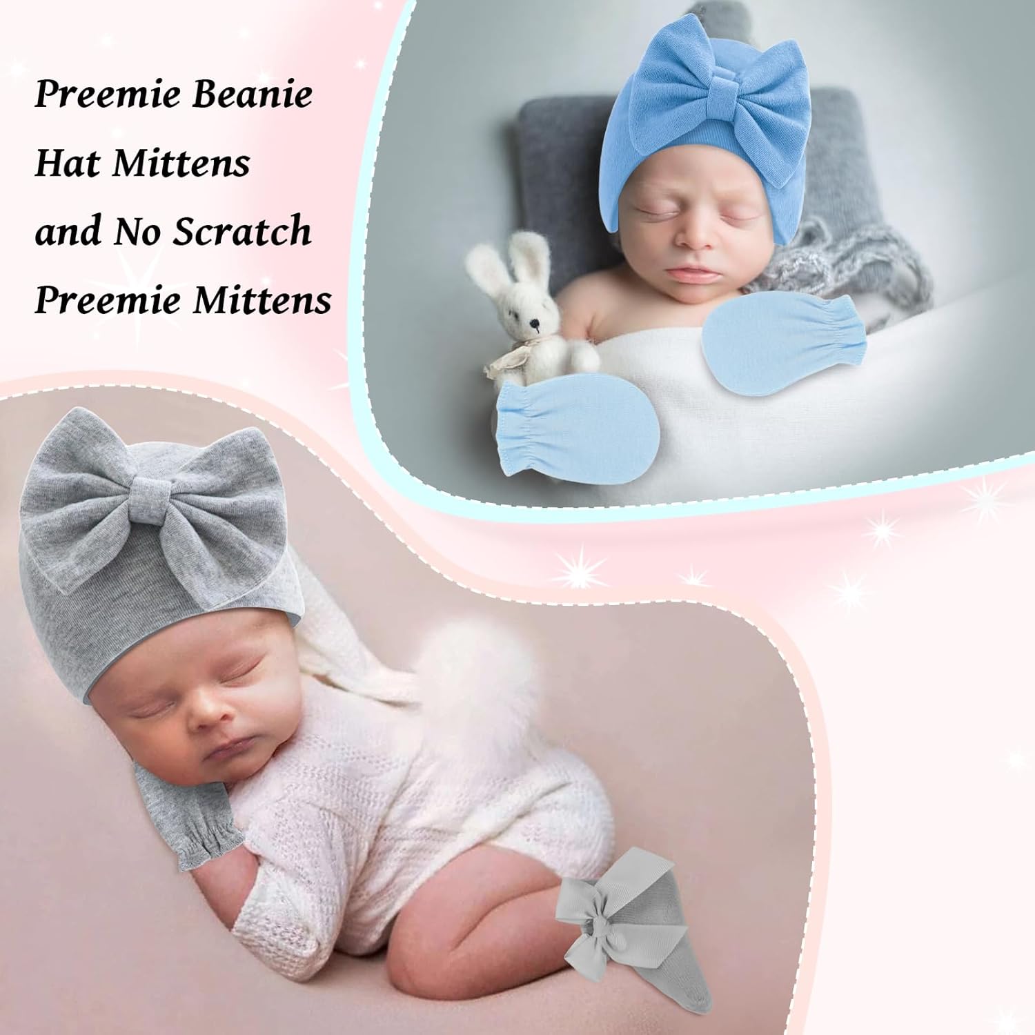 6 Pack Preemie Hats Mittens and Socks Set,Newborn Cotton Bow Caps and No Scratch Preemie Mittens Socks for Infant Baby Girl New Born 0-6 Months - Image 7