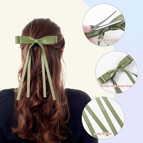 Miniatura 3 de Ehaler 8 lazos de satén para el cabello, pinzas para el cabello doble negro y blanco, accesorios para cola de caballo, clips de metal, lazo para el