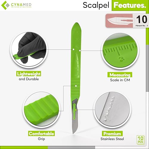 Vista 2 de Cynamed - Bisturí desechable con asas graduadas, cuchillas de acero inoxidable quirúrgico, estéril, bolsas fáciles de quitar (caja de 10), ideal