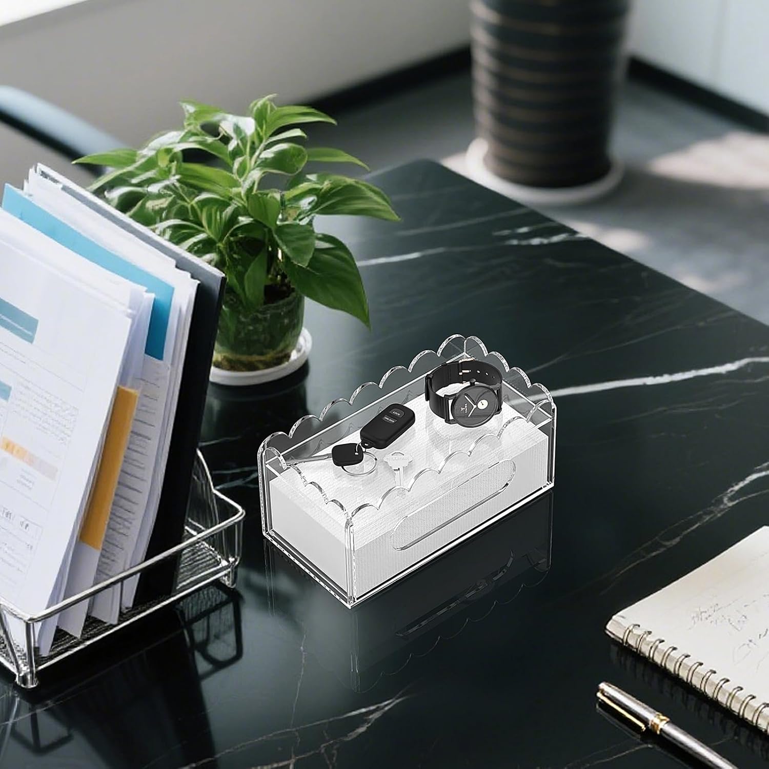 LUGUNU Clear Tissue Box Holder with Storage, Acrylic Rectangular Tissue Box Cover for Bathroom Counter, Living Room Coffee Table, Office Desk, Small Space Organizer – 2-in-1 Design with Non-Slip Base