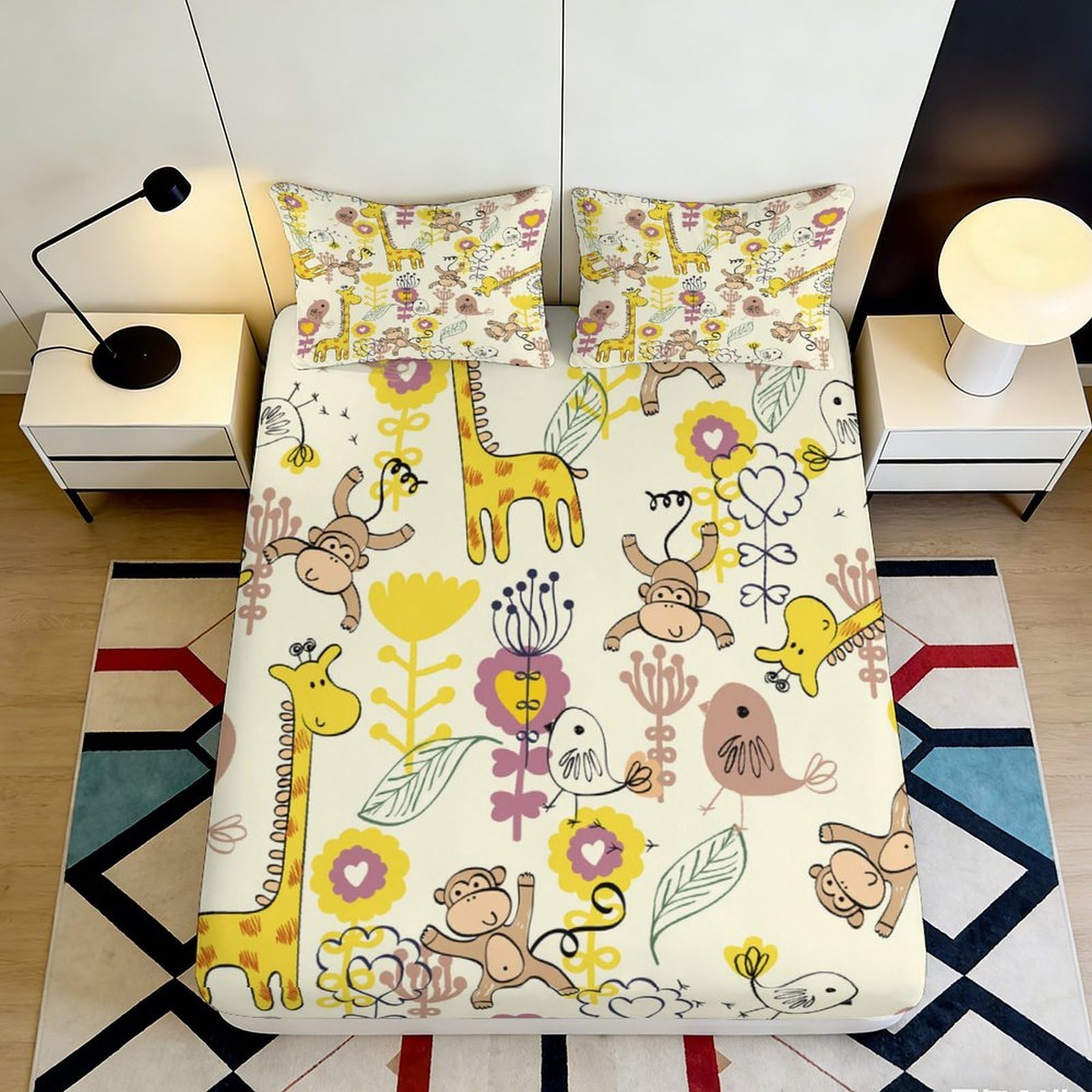 Pnayamiorkfel Style-5 3D Printed Cartoon Monkey Giraffe Fitted Sheet Microfiber Soft Anti-Slip Bed Cover For Bedroom Guest Room Decor 90X200x25cm
