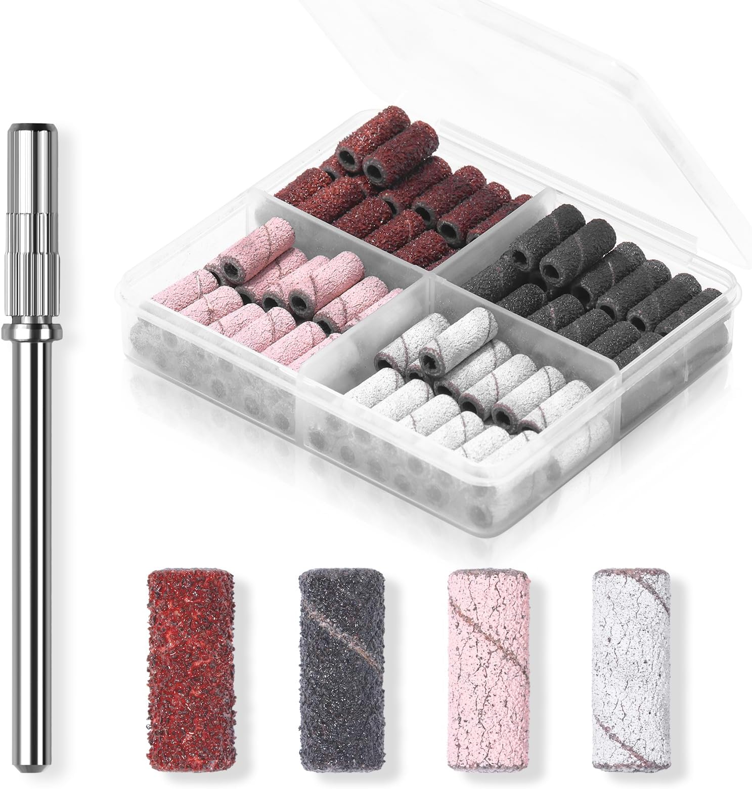 Makartt Nail Drill Bits Sanding Bands for Nail Drill, 100Pcs 4 Color Coarse Fine 80/120/180/240 Grit File Sand with 3.1mm Mini Mandrel Nail Bit Set for Acrylic Nails Gel Manicures and Pedicure