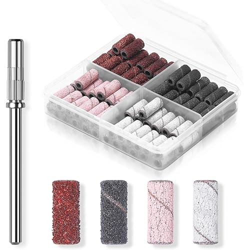 Makartt Nail Drill Bits Sanding Bands for Nail Drill, 100Pcs 4 Color Coarse Fine 80/120/180/240 Grit File Sand with 3.1mm Mini Mandrel Nail Bit Set for Acrylic Nails Gel Manicures and Pedicure