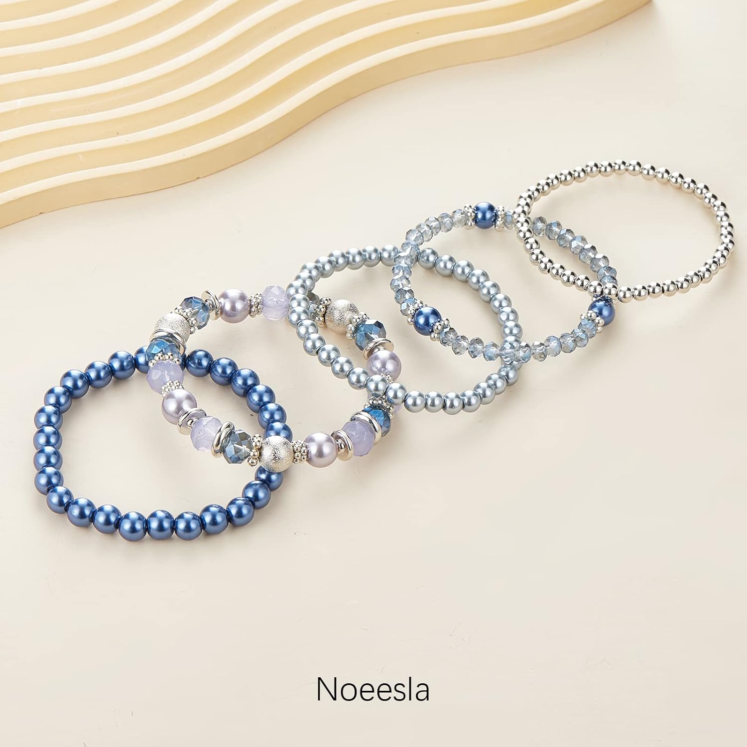 Noessla Beaded Pearl Stretch Bracelet Silver Stackable Crystal Beads Bracelets Trendy Costume Jewelry Mothers Day Gifts for Women - Image 2