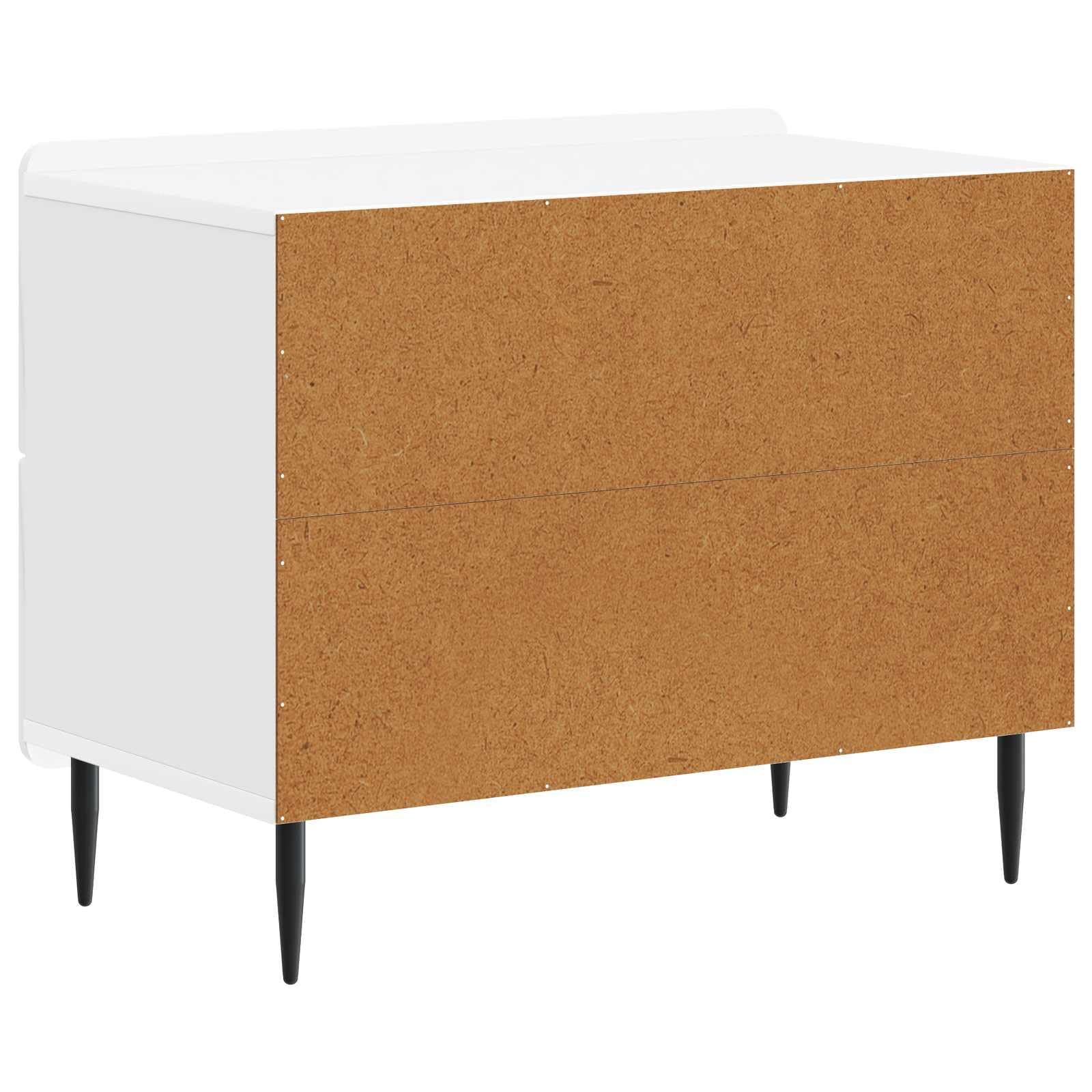 Mesita de noche moderna de color blanco brillante, 62 x 34,5 x 49,5 cm, de madera con diseño a rayas, bordes redondos y patas de hierro, mucho espacio para libros y técnica, fácil de limpiar