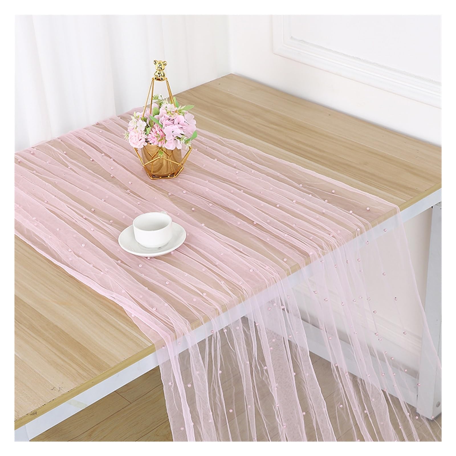 Chiffon Table Runner 1pc 75x200CM Pearl Table Runner Wedding Lace Tablecloth Chiffon Tulle Cover for Party Decor(Pink)