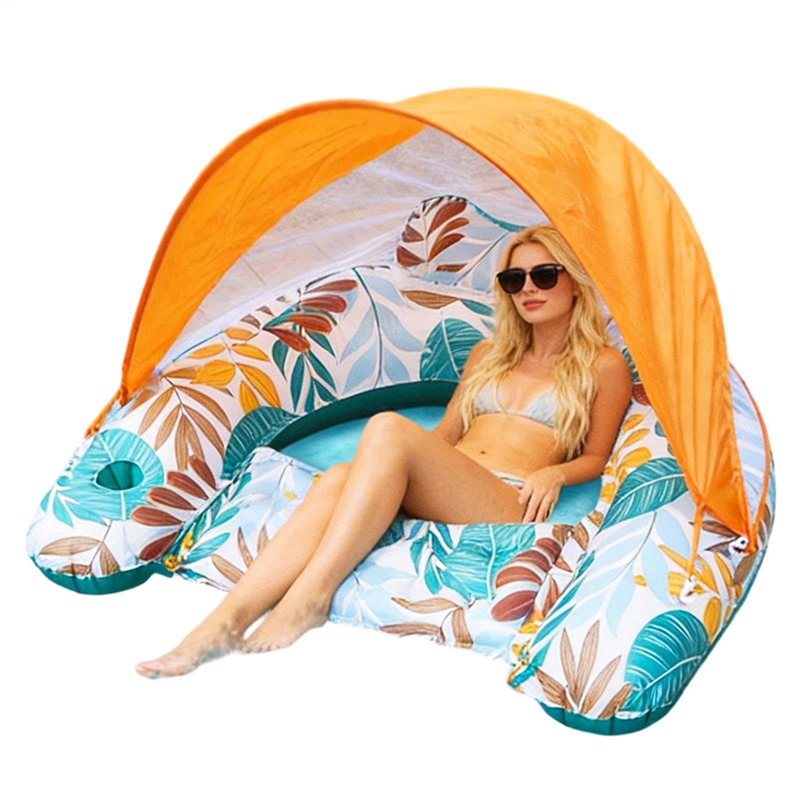Detachable Sun Protection Canopy, Pool Floats With Shade - Inflatable Floating Lounge Chair, Ergonomic Headrest & Integrated Cup Holder, Heavy Duty PVC, Durrable Material Smmooth Surrface - For Beach